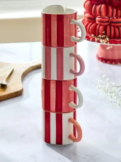 Set of 4 Stripe Heart Shaped Stacking Mugs