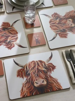 Set van 4 Hamish The Highland Cow placemats en onderzetters met kurken achterkant