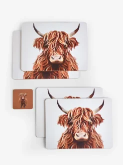 Set van 4 Hamish The Highland Cow placemats en onderzetters met kurken achterkant