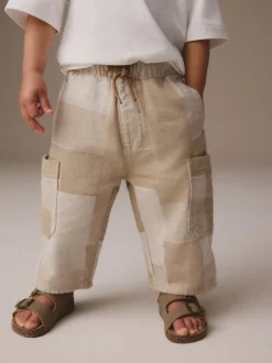 Steenkleurig patchwork - 100% katoenen cargobroek met wijde pijpen en elastische taille (3mnd-7jr)