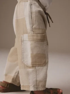 Steenkleurig patchwork - 100% katoenen cargobroek met wijde pijpen en elastische taille (3mnd-7jr)