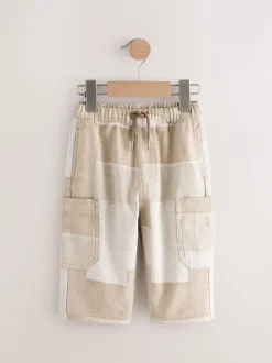 Steenkleurig patchwork - 100% katoenen cargobroek met wijde pijpen en elastische taille (3mnd-7jr)