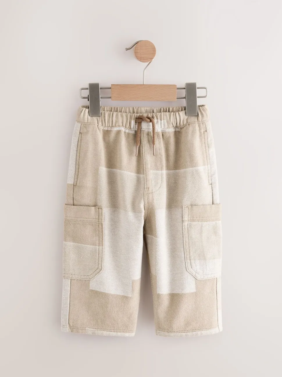 Steenkleurig patchwork - 100% katoenen cargobroek met wijde pijpen en elastische taille (3mnd-7jr)