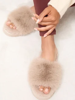 Taupe - Lipsy pantoffels van imitatiebont met plateauzool voor nachtkleding