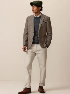 Taupe - Normale Pasvorm - Blazer met visgraatmotief en hoog wolgehalte