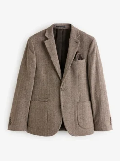 Taupe - Slim Fit - Blazer met visgraatmotief en hoog wolgehalte