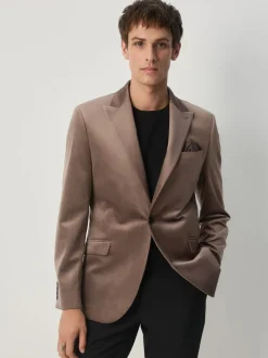 Taupe - Slim Fit - Velvet blazer met zelfrevers