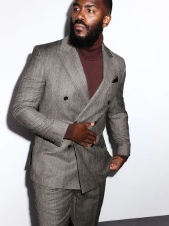 Taupe bruin - Double Breasted Signature Marzotto 100% Italian Wool Herringbone Suit Jacket