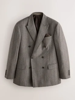 Taupe bruin - Double Breasted Signature Marzotto 100% Italian Wool Herringbone Suit Jacket