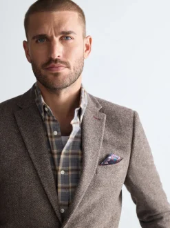 Taupe bruin - Normale Pasvorm - Signature Nova Fides Blazer van wolblend met visgraatmotief