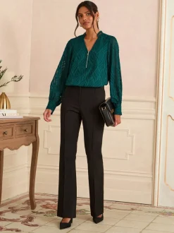 Teal Blue Burnout - Love & Roses - Blouse met lange mouwen en rits aan de voorkant