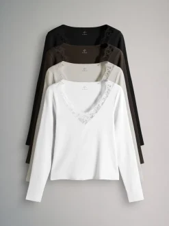 The Set 4 Pack Long Sleeve V-Neck Ribbed Lace Trim T-Shirt