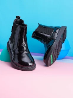 ToeZone Amara Meisjes Zwarte lakleren Boots met elastische inzet en rits