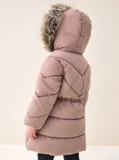 Toffee met roze - Regenbestendige gewatteerde jas met imitatiebontrand (3 - 16 jr)