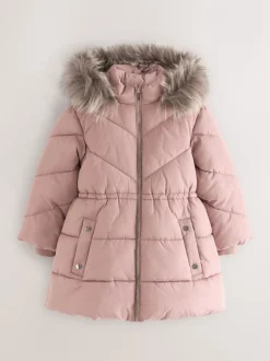 Toffee met roze - Regenbestendige gewatteerde jas met imitatiebontrand (3 - 16 jr)