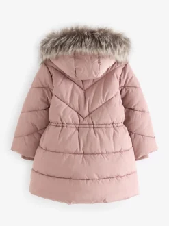 Toffee met roze - Regenbestendige gewatteerde jas met imitatiebontrand (3 - 16 jr)
