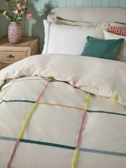 Tufted Check 100% Cotton Duvet Cover and Pillowcase Set