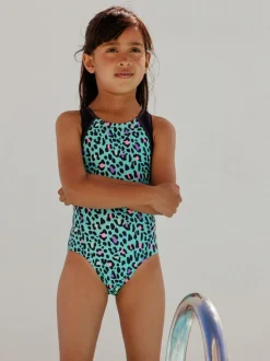 Turquoise met dierenprint - Sports Open Back Swimsuit (3-16yrs)