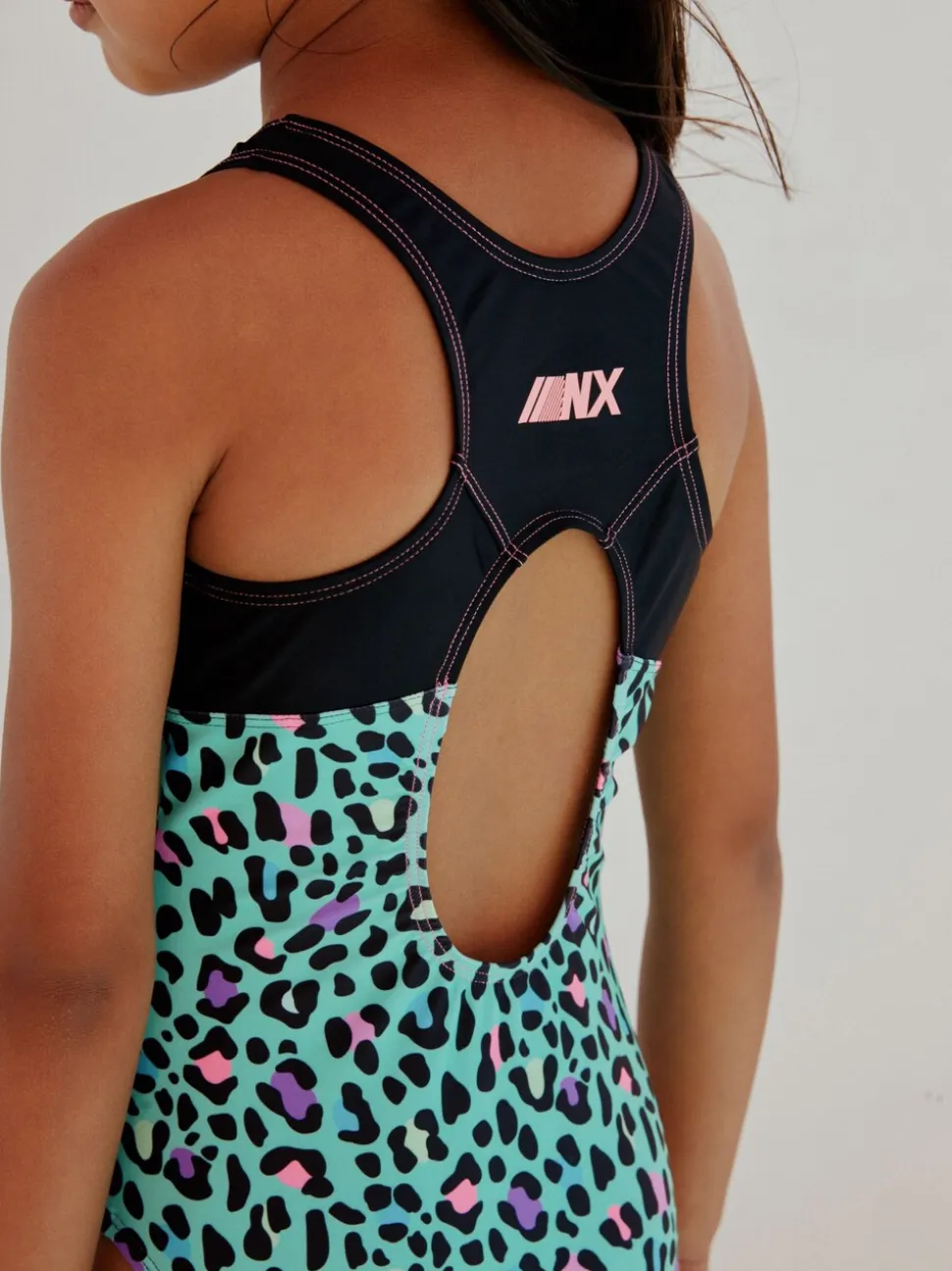 Turquoise met dierenprint - Sports Open Back Swimsuit (3-16yrs)
