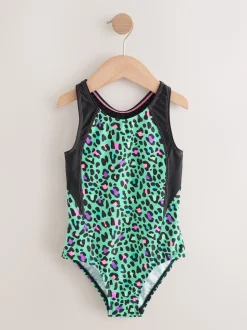 Turquoise met dierenprint - Sports Open Back Swimsuit (3-16yrs)