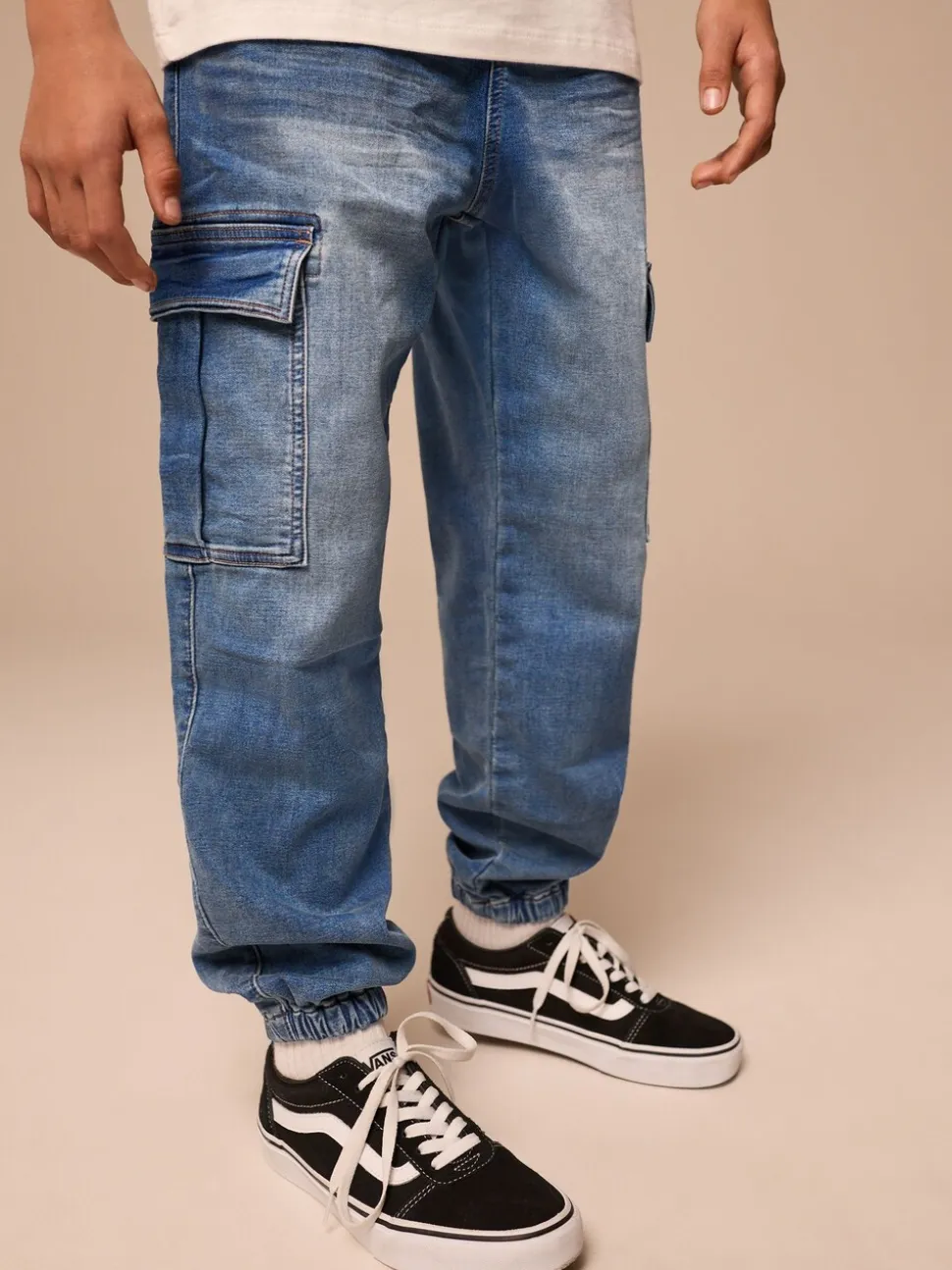 Vintage blauw - Cargo jeans met elastische taille (3-16 jr)