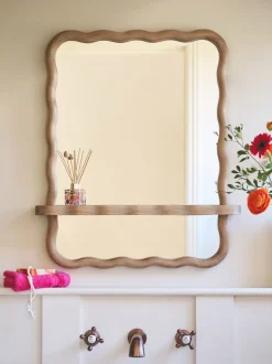 Wavy Pine Wood Shelf Bathroom Wall Mirror