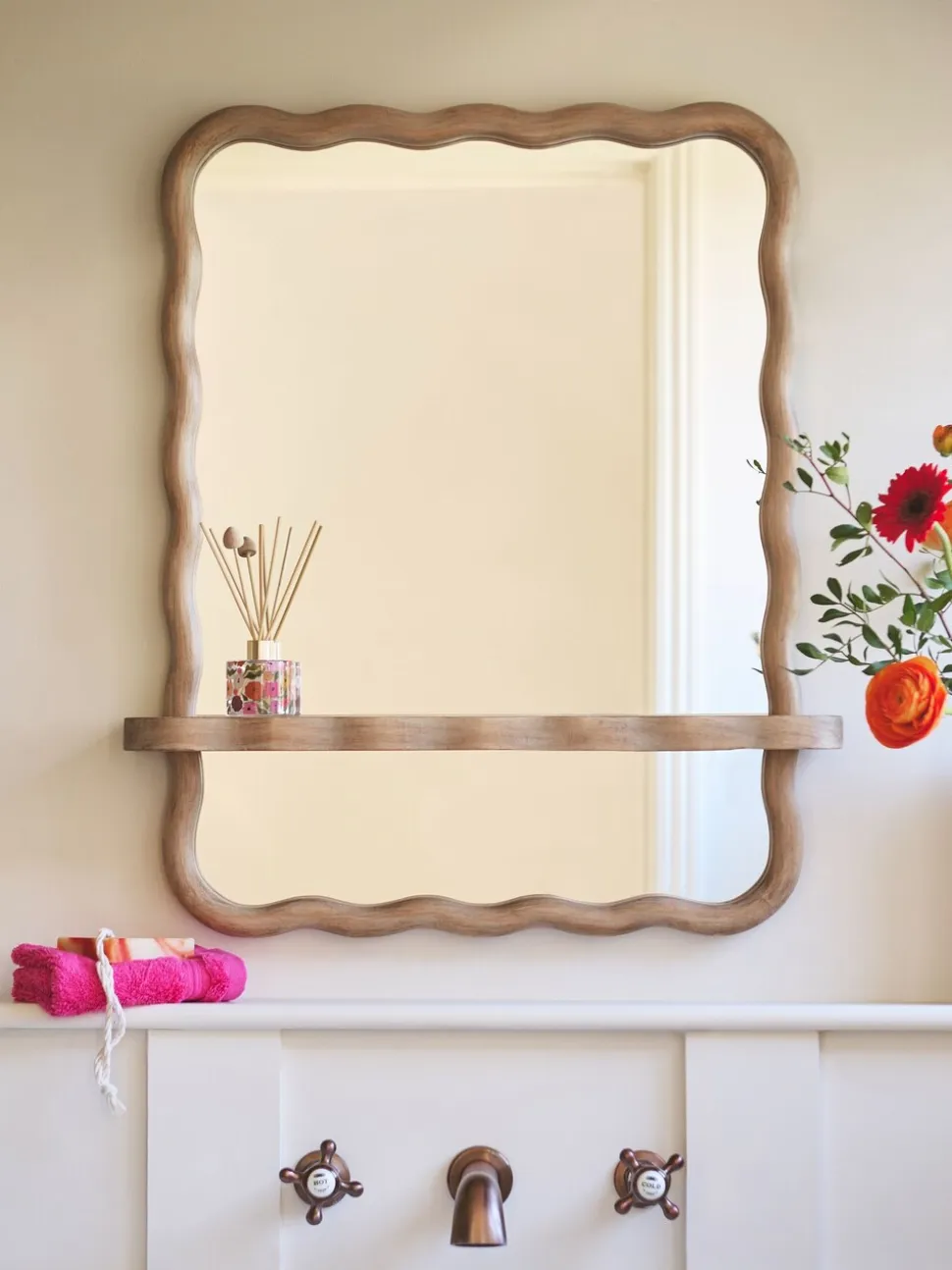 Wavy Pine Wood Shelf Bathroom Wall Mirror