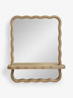 Wavy Pine Wood Shelf Bathroom Wall Mirror
