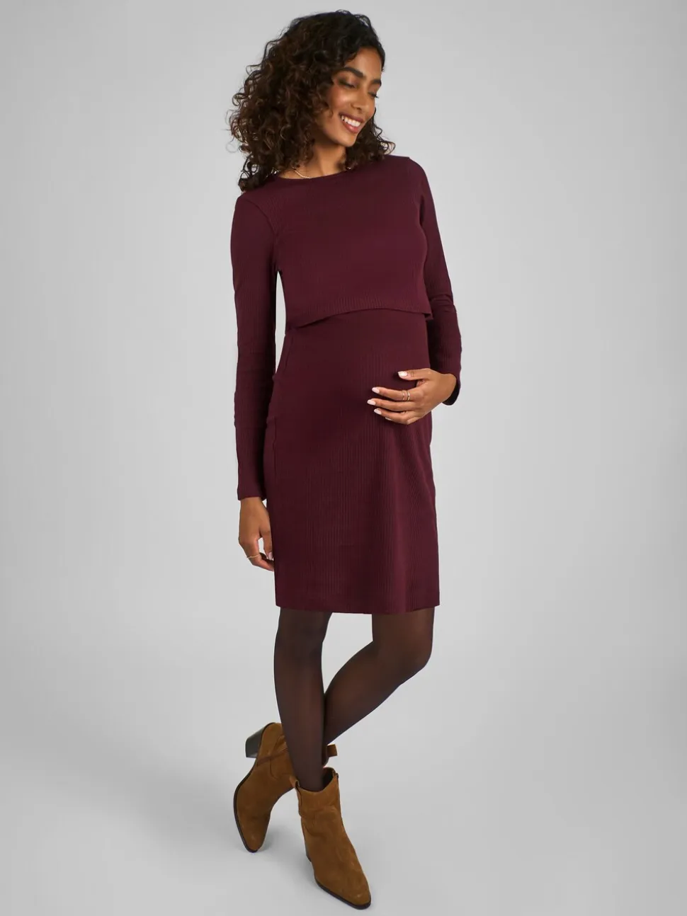 Wijnrood - JoJo Maman Bébé Ribbed Mini Maternity & Nursing Dress