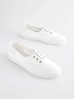 Wit - Geborduurde veterloze canvas instapsneakers