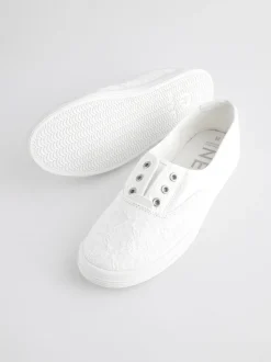 Wit - Geborduurde veterloze canvas instapsneakers