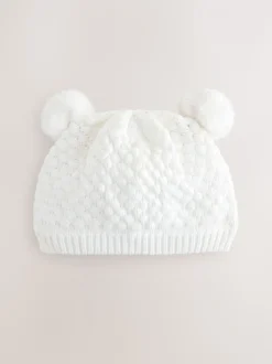 Wit - Gebreide Baby muts met dubbele pompon (0mnd-2jr)