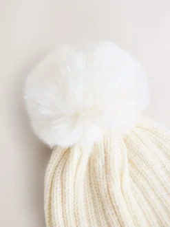 Wit - Geribbelde beanie-muts met pompon (3mnd -16jr)