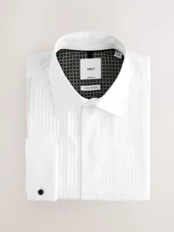 Wit - Normale Pasvorm - Occasion Pleated Bib Double Cuff Dress Shirt