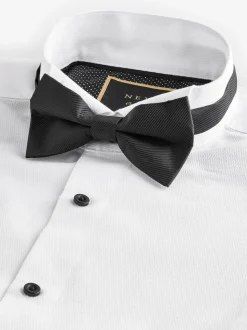Wit - Normale Pasvorm - Textured Double Cuff Long Sleeve Shirt With Wing Collar And Bow Tie Pack