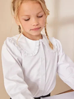 Wit - Premium schoolblouse met stretch, kraag met ruches en lange mouwen (3-14jr)