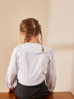 Wit - Premium schoolblouse met stretch, kraag met ruches en lange mouwen (3-14jr)