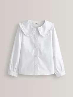 Wit - Premium schoolblouse met stretch, kraag met ruches en lange mouwen (3-14jr)