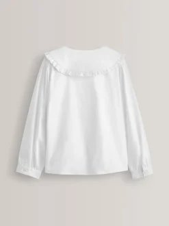 Wit - Premium schoolblouse met stretch, kraag met ruches en lange mouwen (3-14jr)