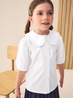 Wit - Premium schoolblouse met kraag met ruches en hoog aandeel katoen (3-14 jr)