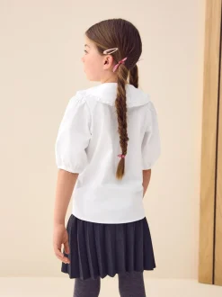 Wit - Premium schoolblouse met kraag met ruches en hoog aandeel katoen (3-14 jr)