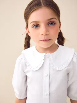 Wit - Premium schoolblouse met kraag met ruches en hoog aandeel katoen (3-14 jr)