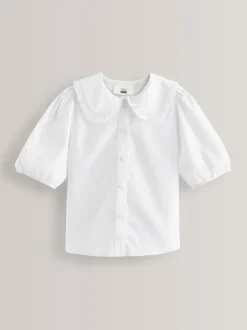 Wit - Premium schoolblouse met kraag met ruches en hoog aandeel katoen (3-14 jr)