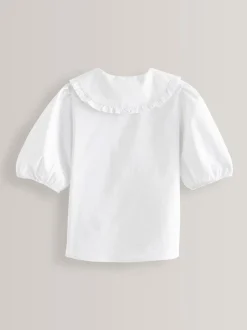 Wit - Premium schoolblouse met kraag met ruches en hoog aandeel katoen (3-14 jr)