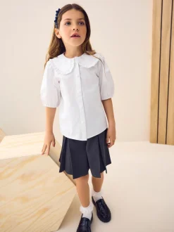 Wit - Schoolblouse met klittenbandsluiting, kraag met ruches en hoog aandeel katoen (3-14jr)
