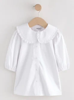 Wit - Schoolblouse met klittenbandsluiting, kraag met ruches en hoog aandeel katoen (3-14jr)