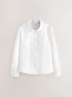 Wit - Schoolblouse met lange mouwen en gegolfde kantafwerking (3-14 jr)