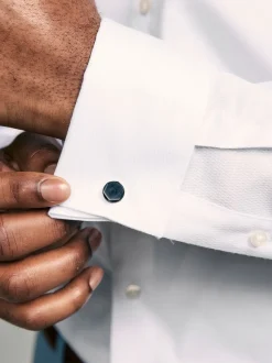 Wit - Slim Fit - Eenvoudig te strijken slim fit overhemd met textuur en dubbele manchetten