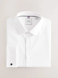 Wit - Slim Fit - Eenvoudig te strijken slim fit overhemd met textuur en dubbele manchetten