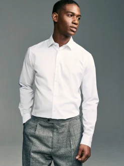 Wit - Slim Fit - Onderhoudsvriendelijk, getextureerd, slim fit overhemd met enkele manchet